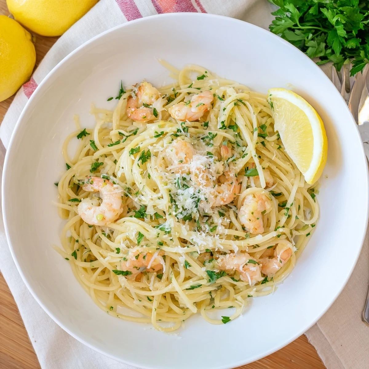 Close-up of shrimp scampi pasta with fresh parsley and lemon wedges ready to serve