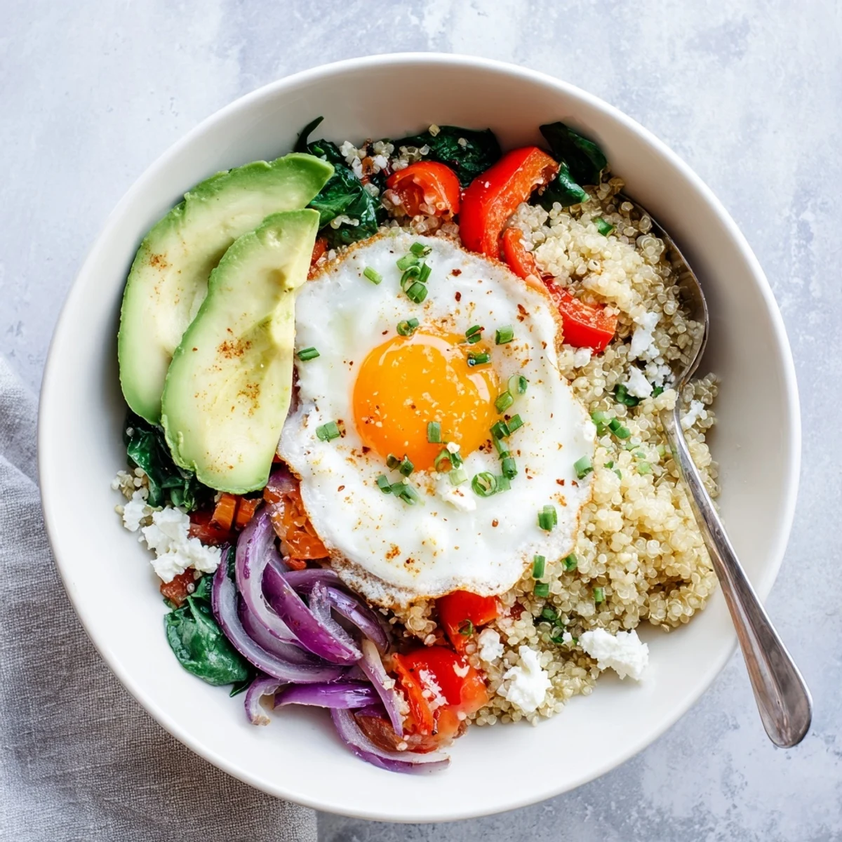 Hearty savory quinoa breakfast bowl featuring sautéed peppers, spinach, and a perfectly cooked egg