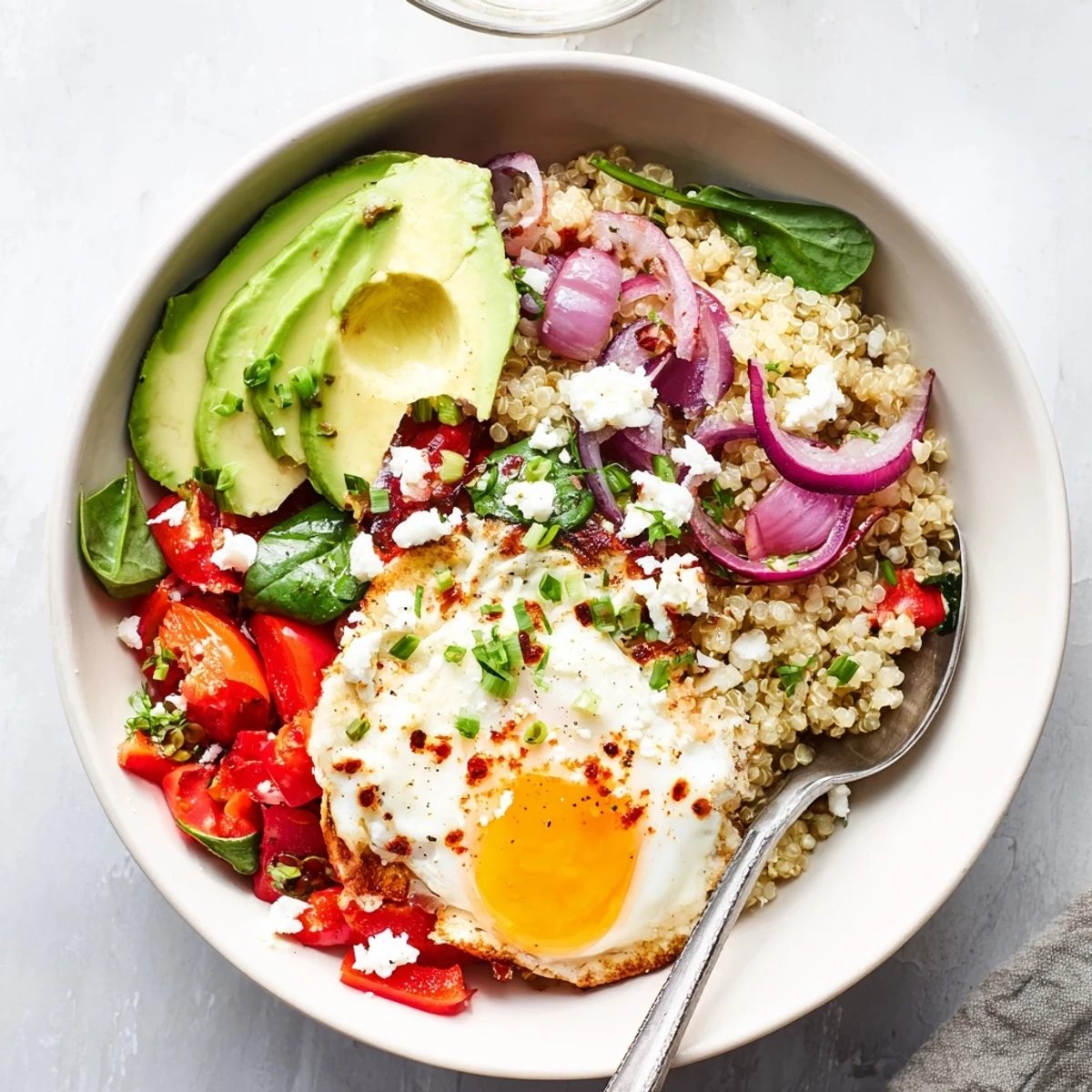 Protein-rich savory quinoa breakfast bowl served with cherry tomatoes, avocado, and runny fried egg