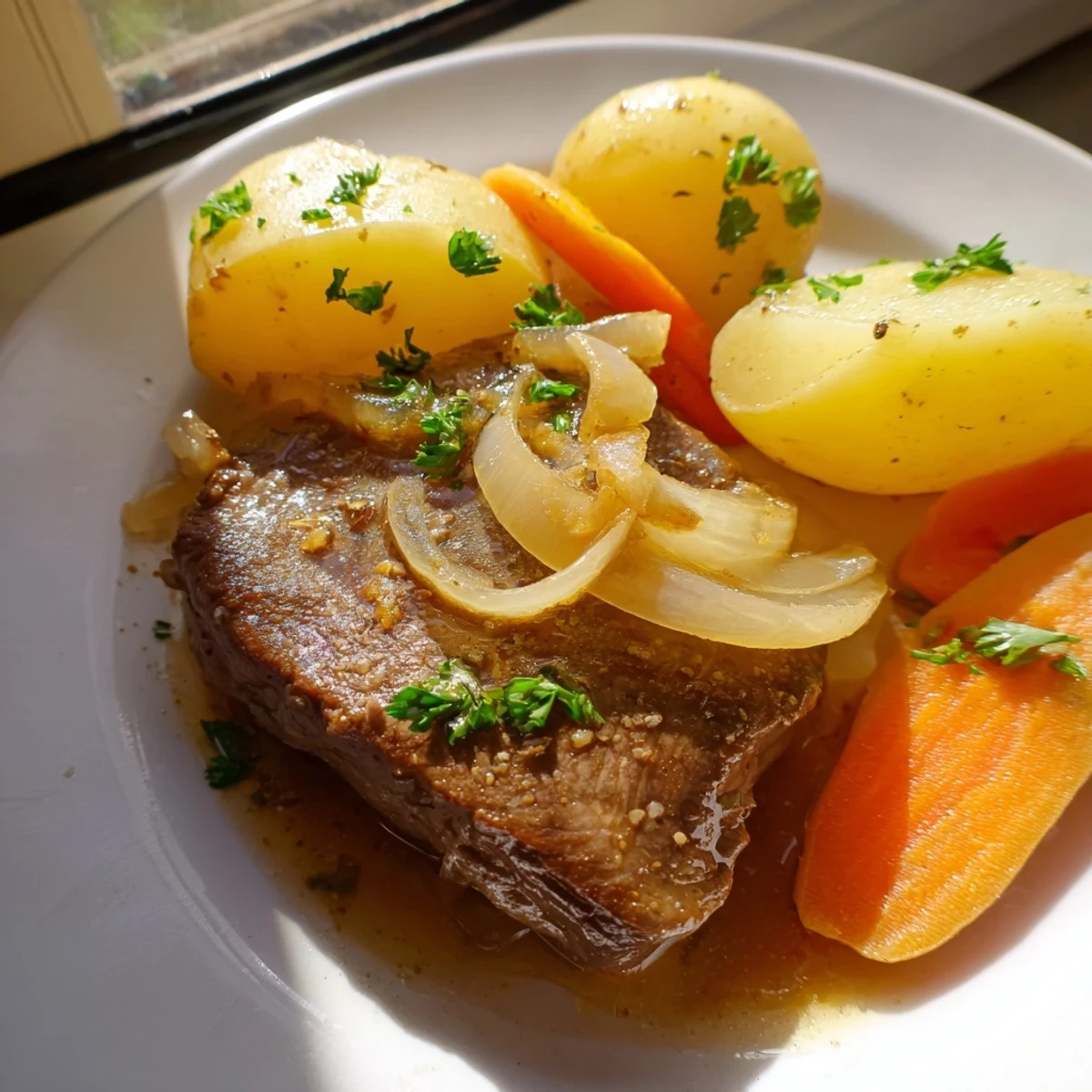 Slow cooker steak and potatoes featuring tender beef steaks nestled beside buttery baby potatoes in rich broth