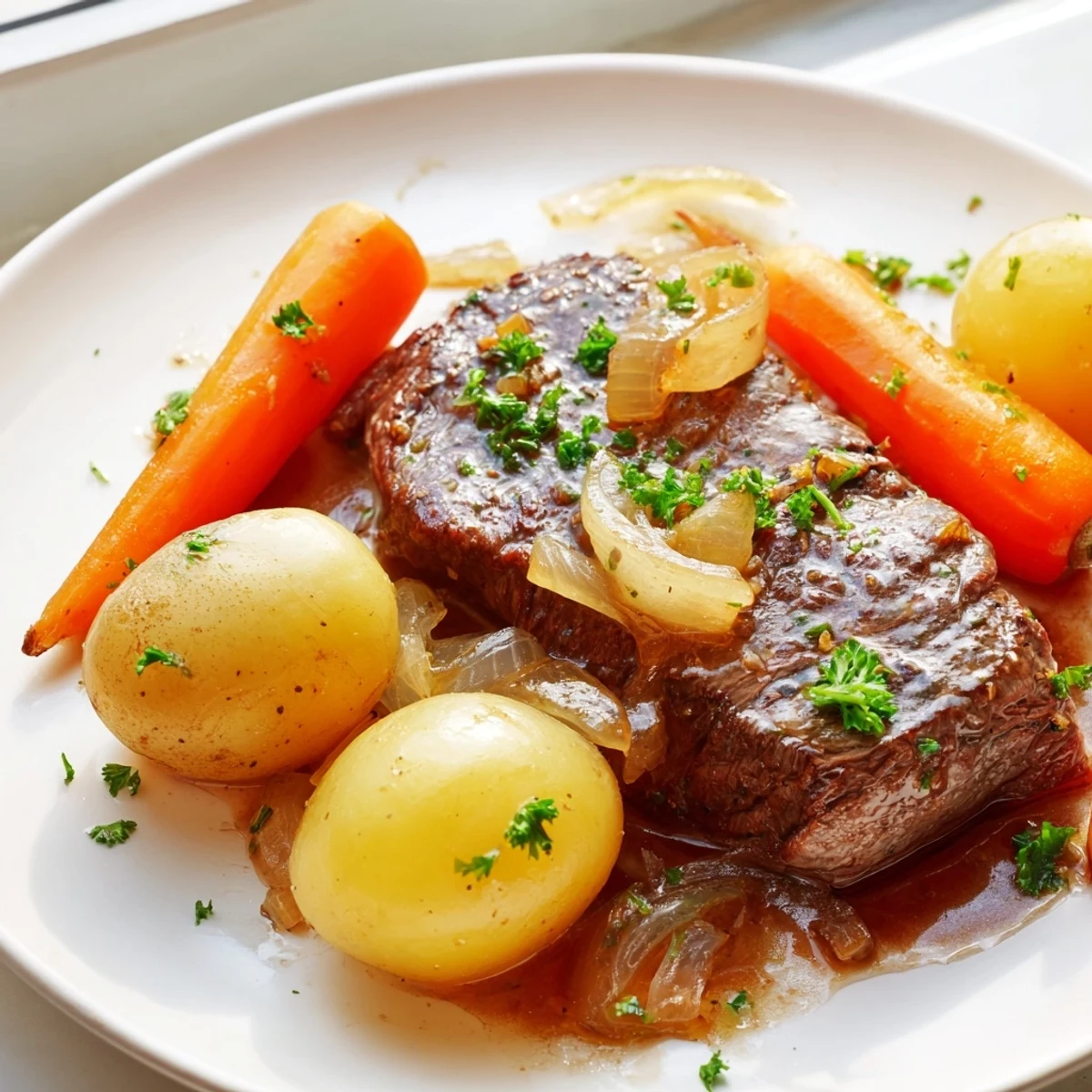 Plate of slow cooker steak and potatoes garnished with fresh parsley showcasing tender beef and perfectly cooked vegetables