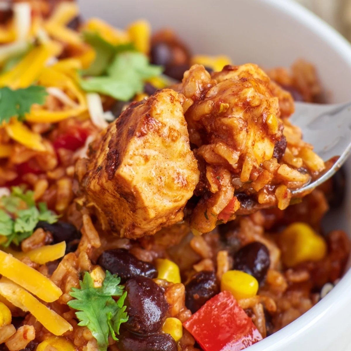 Colorful Instant Pot chicken burrito bowls topped with cheese, avocado, sour cream, and fresh cilantro