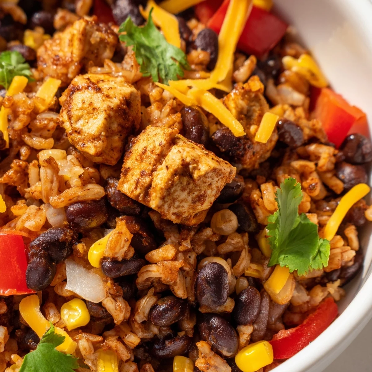 Steaming hot Instant Pot chicken burrito bowls featuring tender spiced chicken, rice, beans, and corn