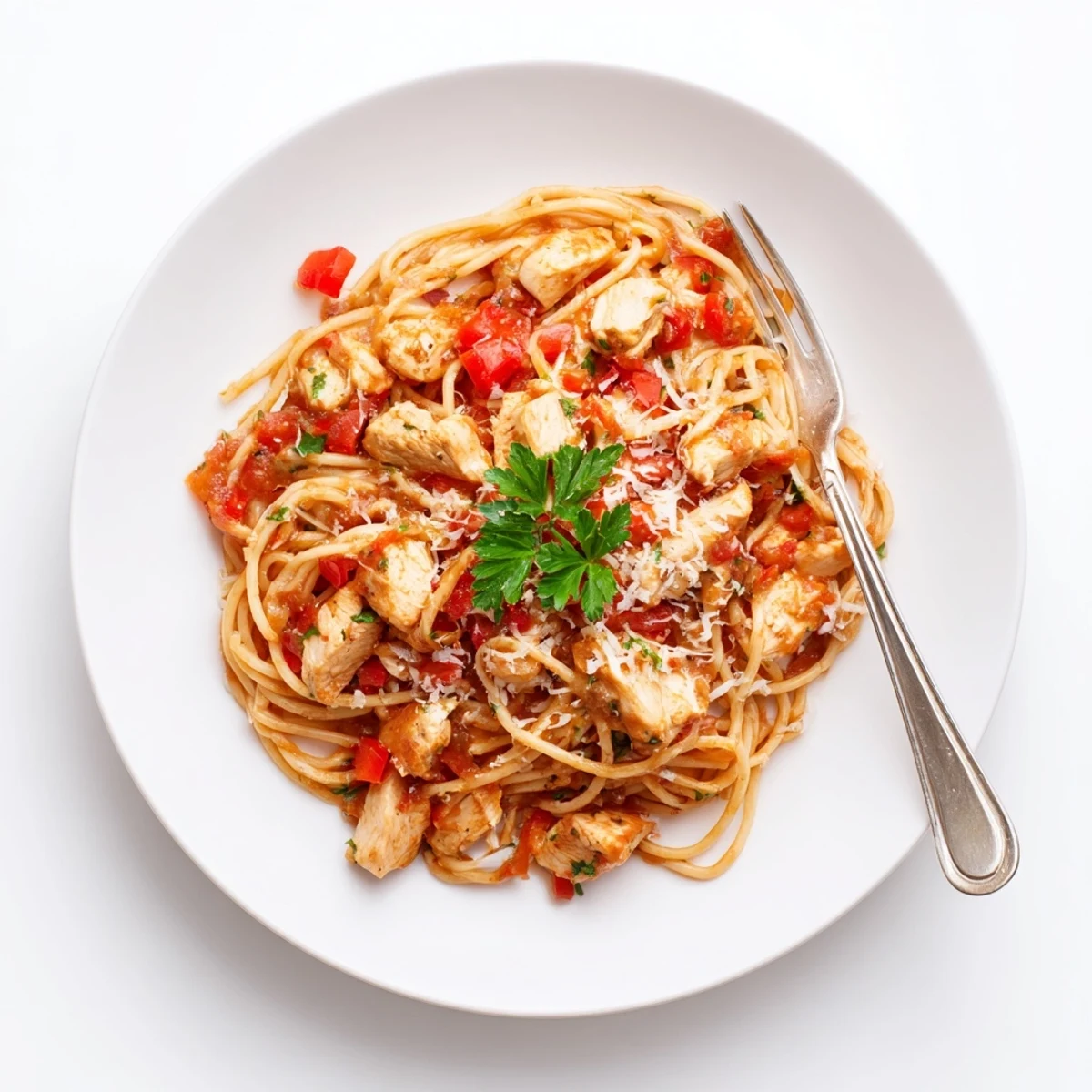 Savory Instant Pot Chicken Spaghetti featuring tender chicken pieces coated in rich tomato sauce with broken spaghetti noodles