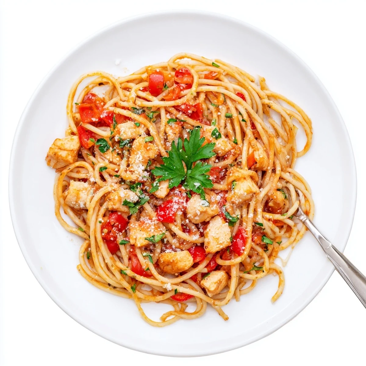 Steam rises from a bowl of Savory Instant Pot Chicken Spaghetti topped with grated Parmesan and fresh parsley