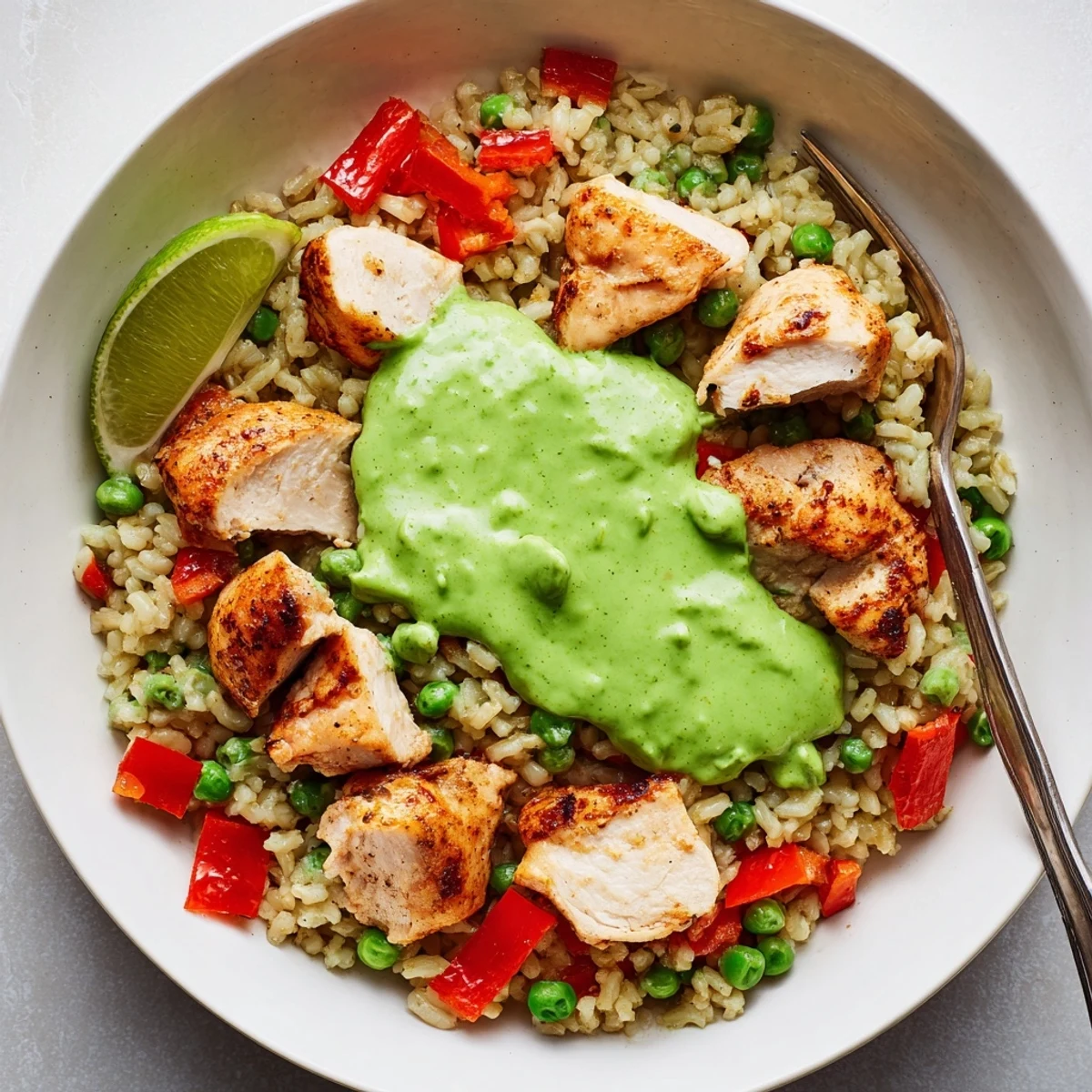 Golden Peruvian chicken rice with zesty green sauce drizzled over fluffy cilantro-infused grains