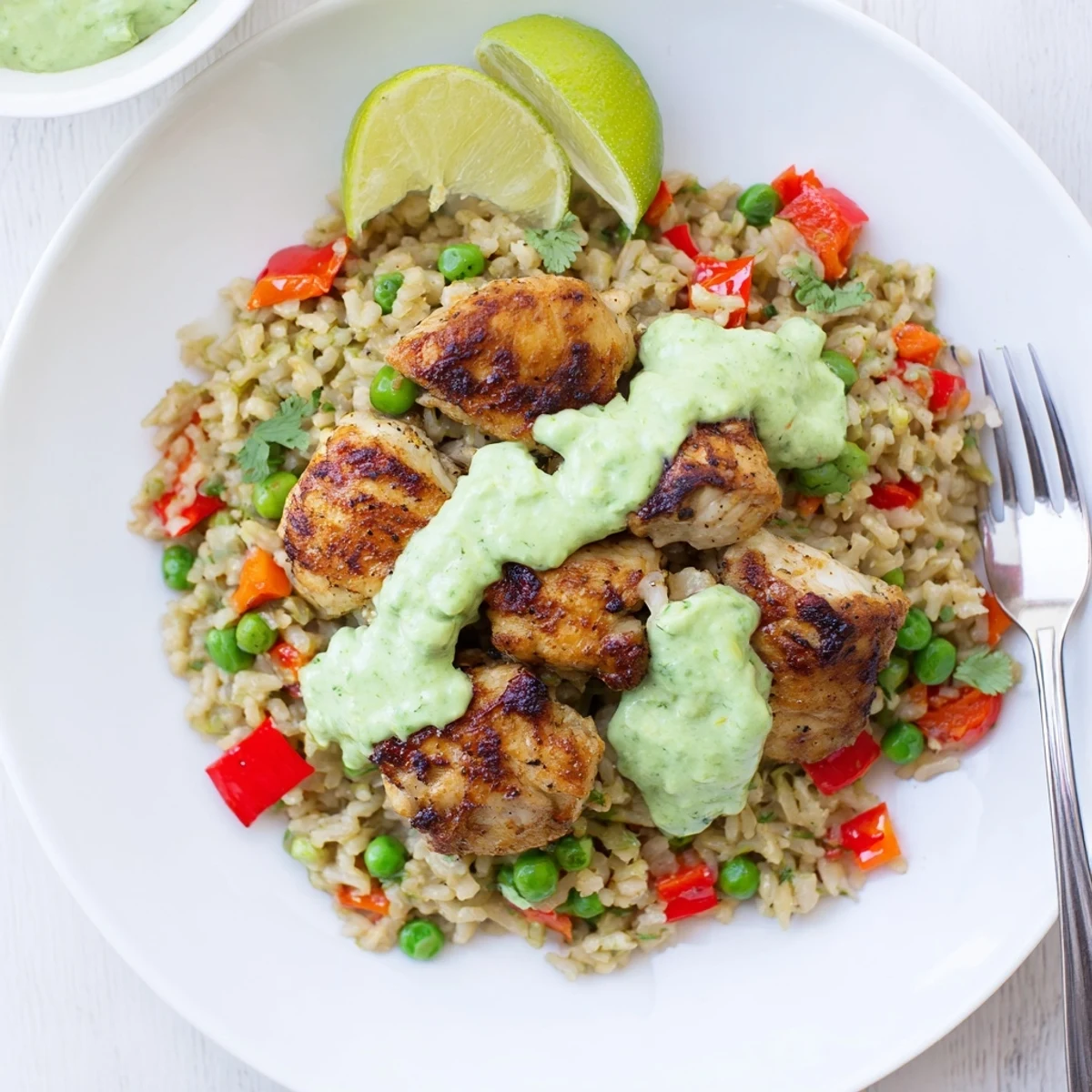 Comforting one-pot Peruvian chicken rice served alongside creamy spicy green sauce and lime