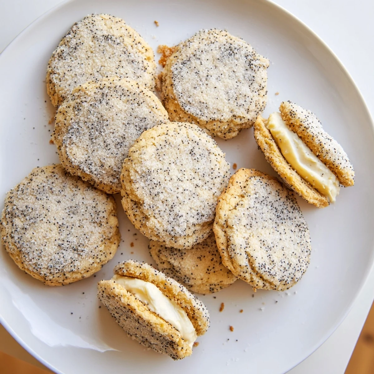 Soft lemon poppy seed cheesecake cookies with creamy white center and golden baked edges