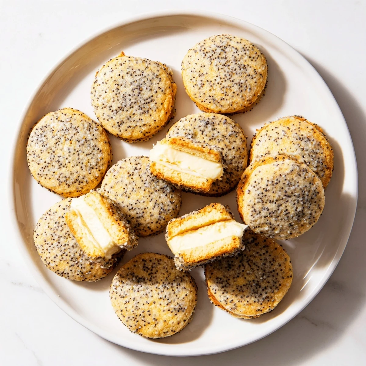 Two homemade lemon poppy seed cheesecake cookies on a white plate with visible filling