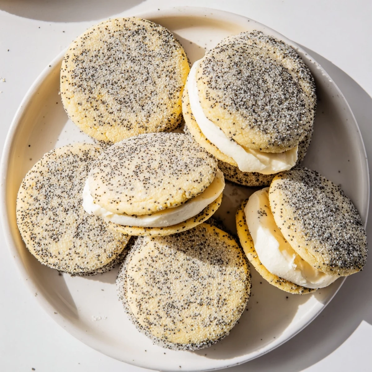 Stack of lemon poppy seed cheesecake cookies rolled in sugar with speckled poppy seeds