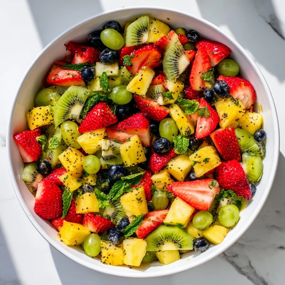 Colorful Easter fruit salad bowl with fresh strawberries, pineapple, kiwi, blueberries, and mint garnish