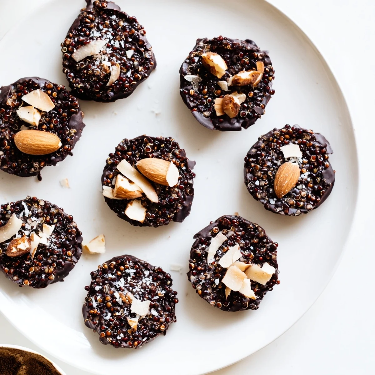 Golden dark chocolate quinoa crisps topped with flaky sea salt on white parchment