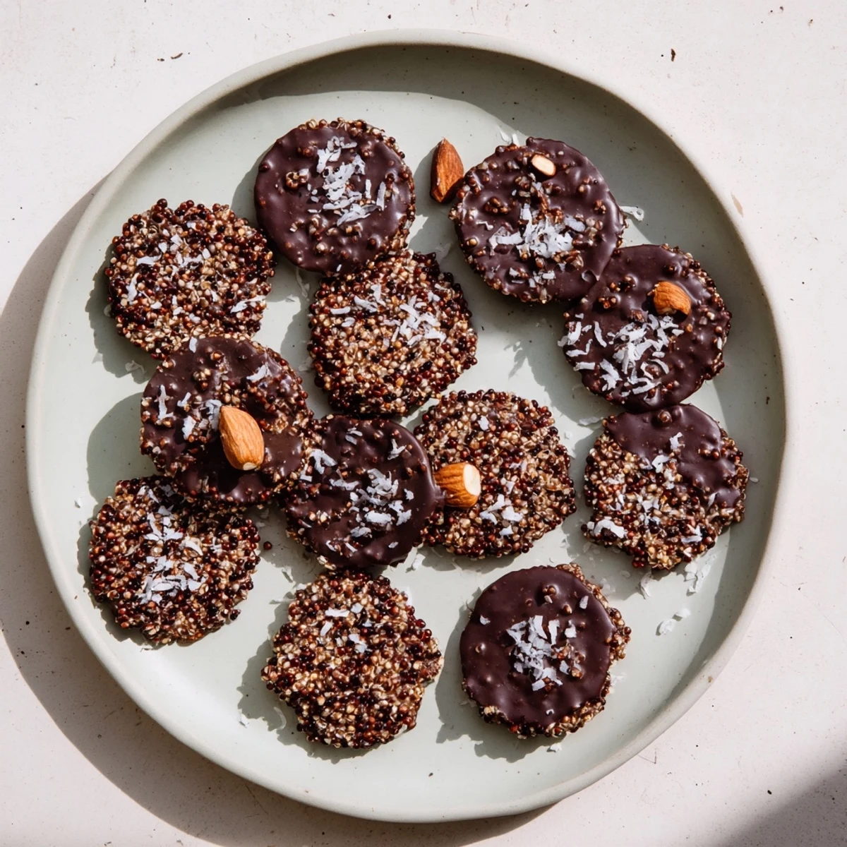 Glossy dark chocolate coating toasted quinoa clusters sprinkled with coarse sea salt