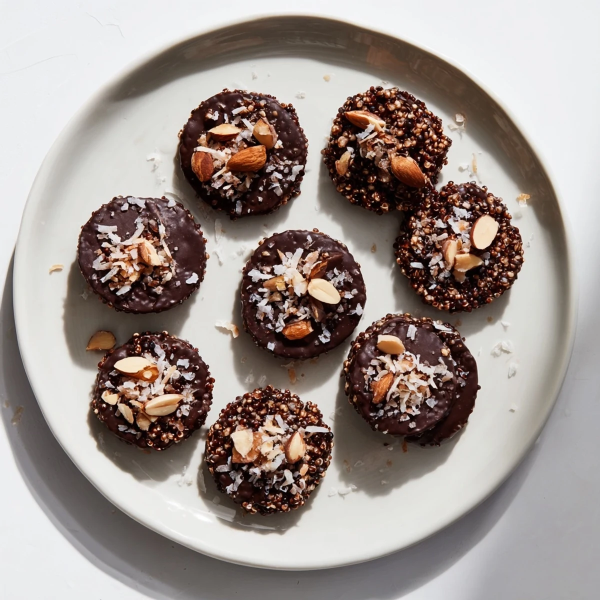 Bite-sized dark chocolate quinoa crisps arranged on a rustic wooden serving board