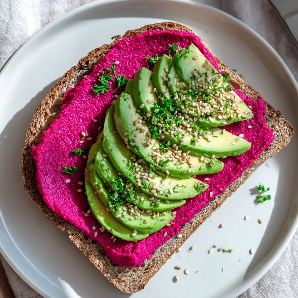 Golden toasted bread layered with vibrant pink avocado beet hummus topped with fresh avocado slices and sesame seeds
