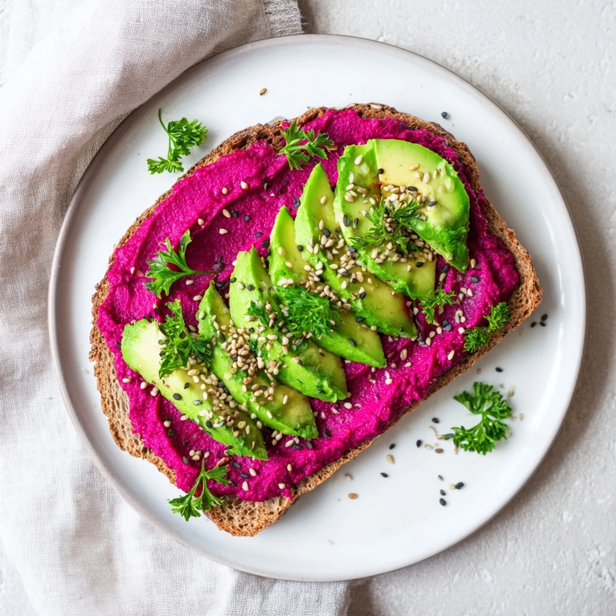 Open-faced toast spread with creamy beet-stained hummus and ripe avocado garnished with parsley and cracked black pepper