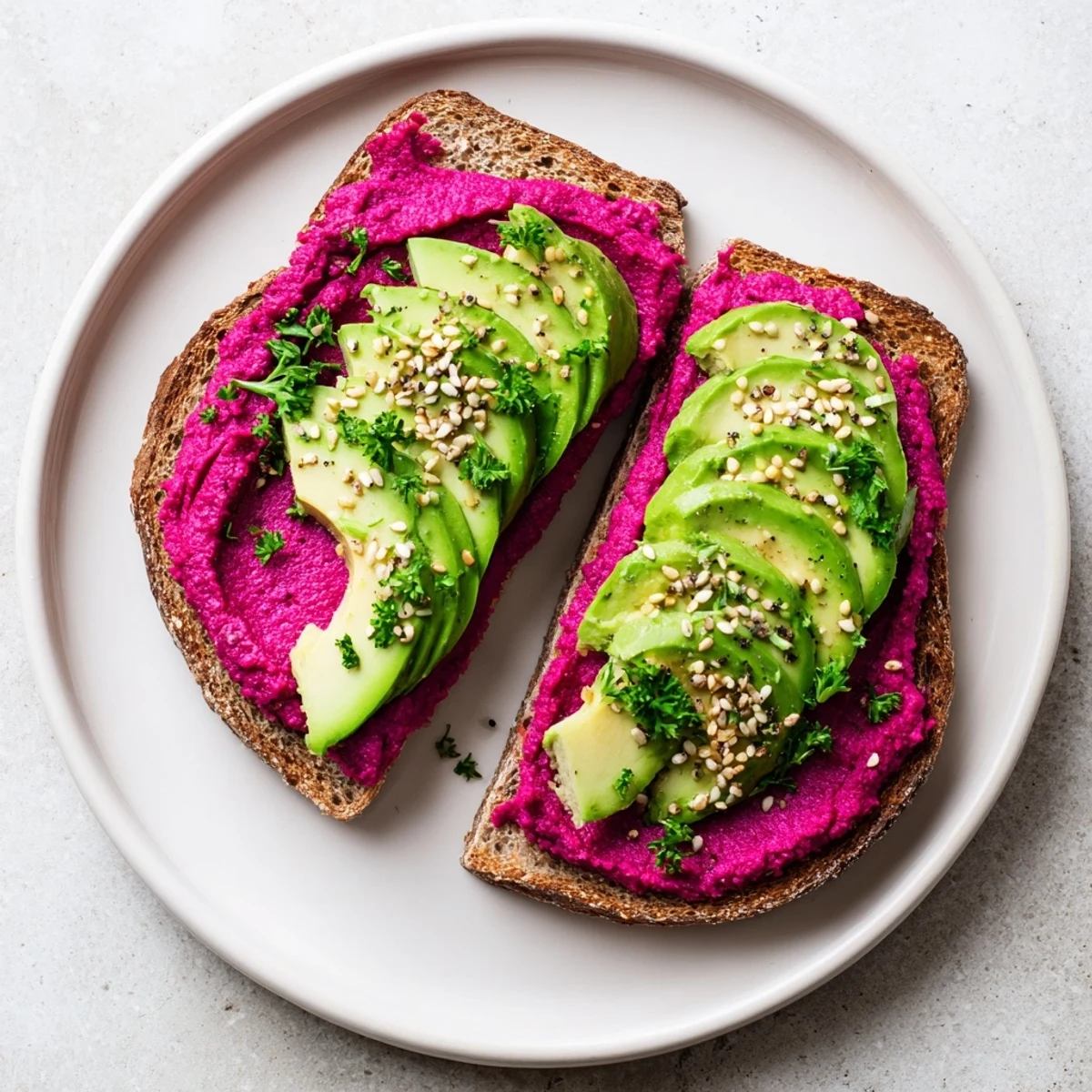 Healthy Mediterranean-inspired breakfast toast featuring magenta beet hummus with buttery avocado and fresh green herbs
