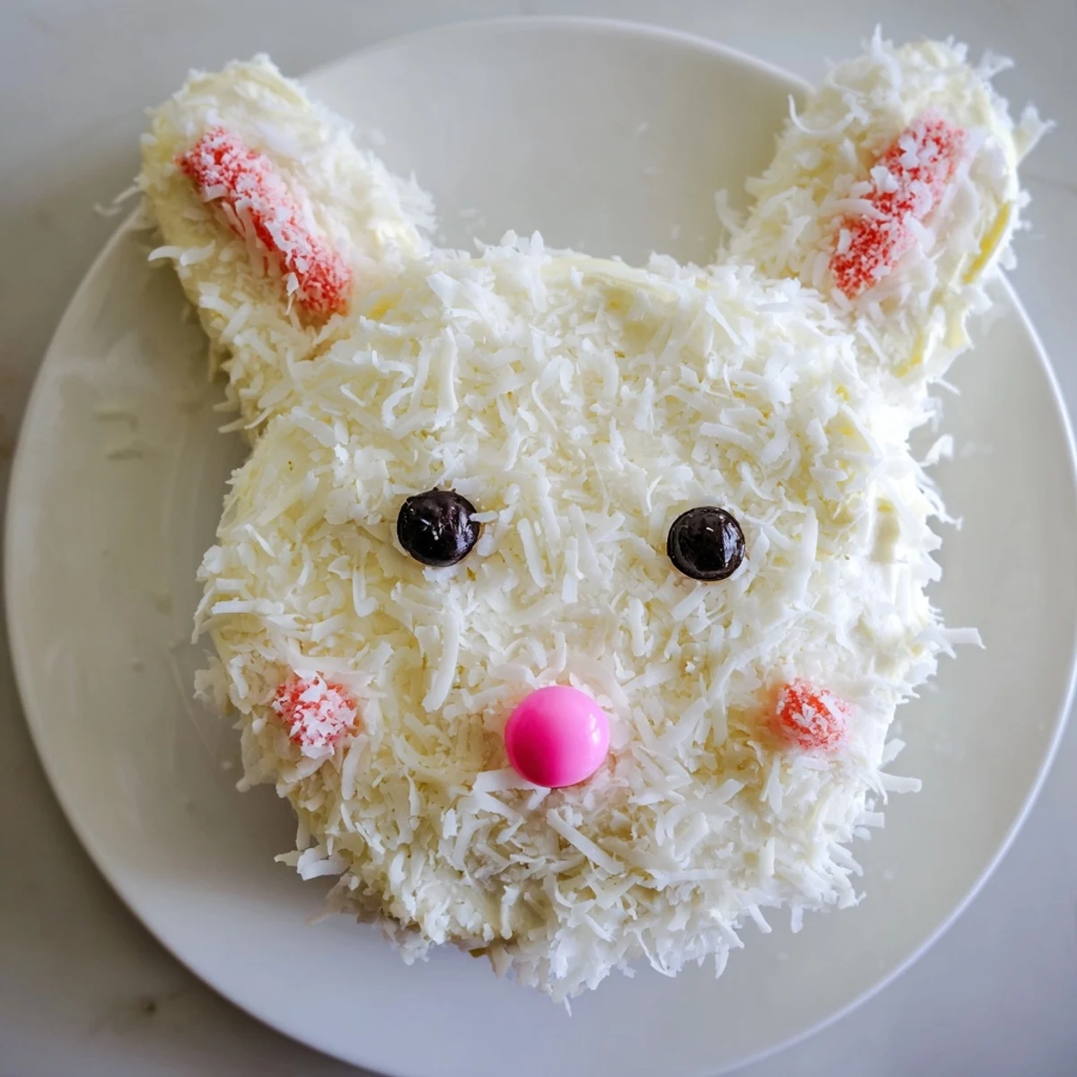 Whimsical cake shaped like a bunny decorated with fondant ears, jelly bean nose, and coconut coating