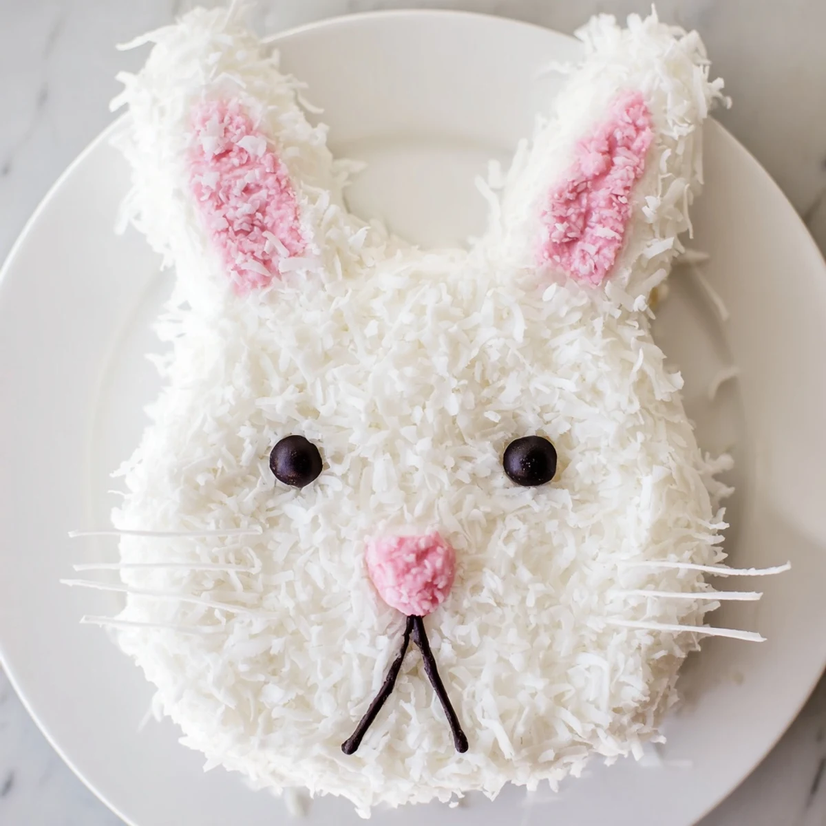Festive Easter bunny cake featuring vanilla layers covered in buttercream and shredded coconut