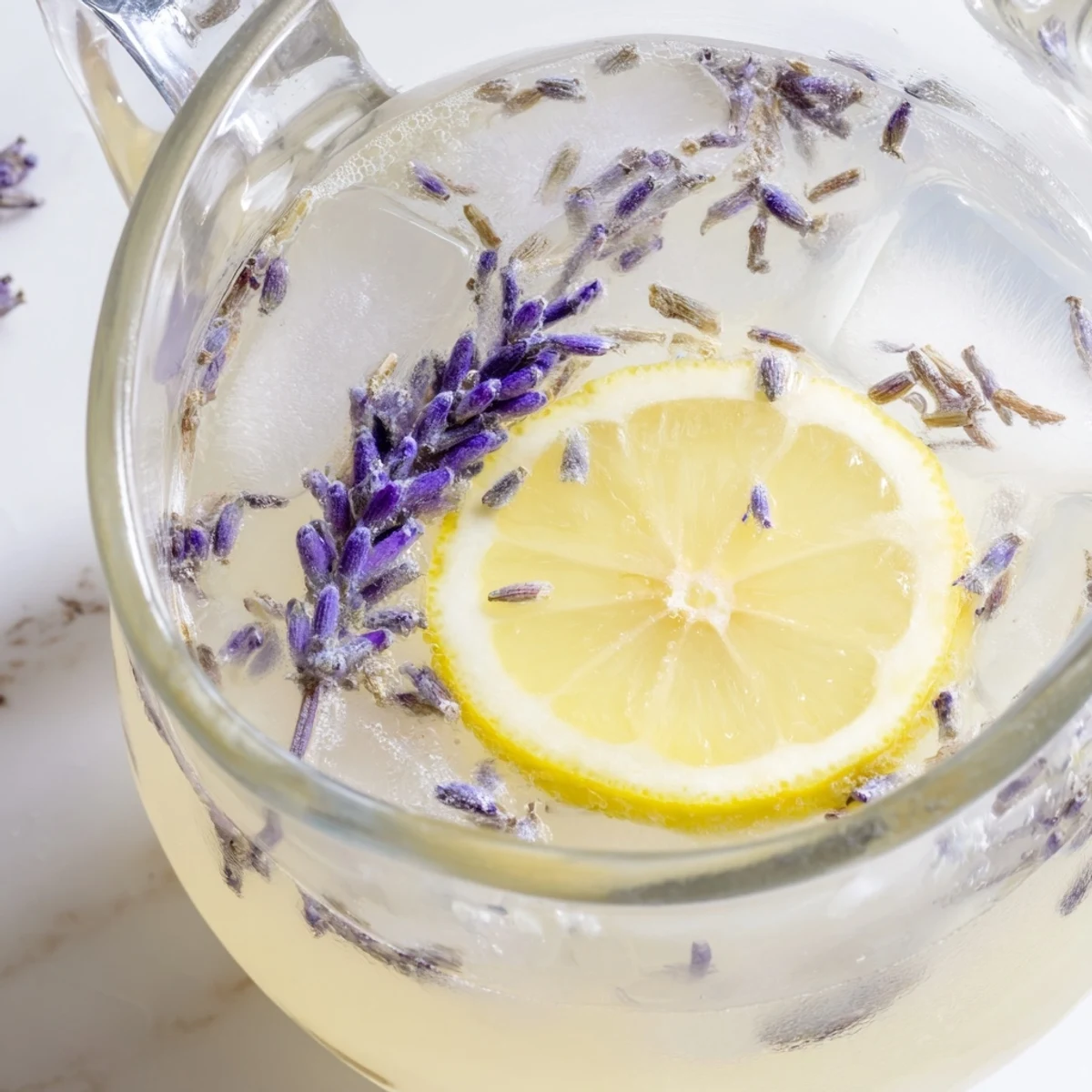 Chilled lavender lemonade served over ice in a mason jar on wooden table