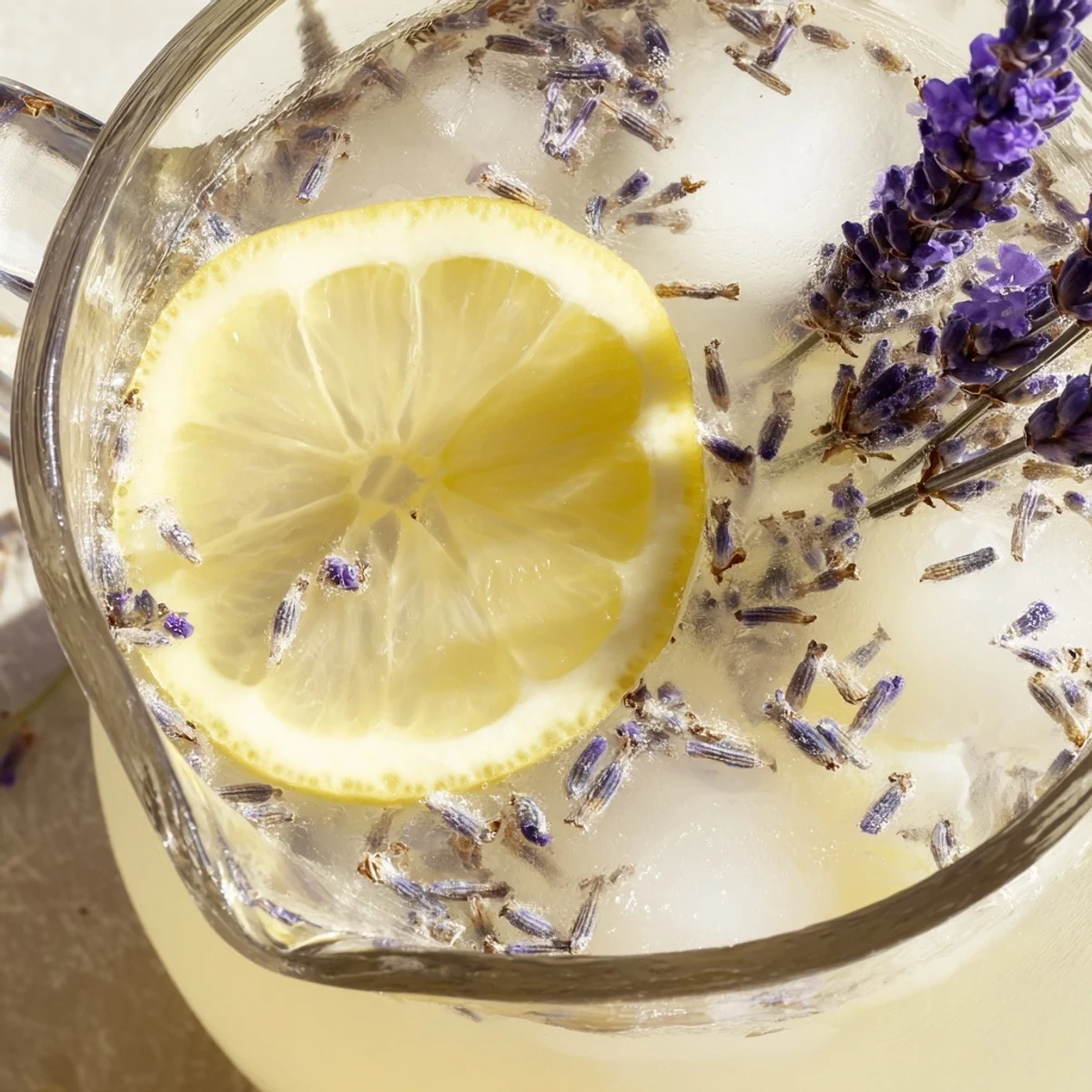 Refreshing lavender lemonade with floating ice cubes and citrus wedges in clear pitcher