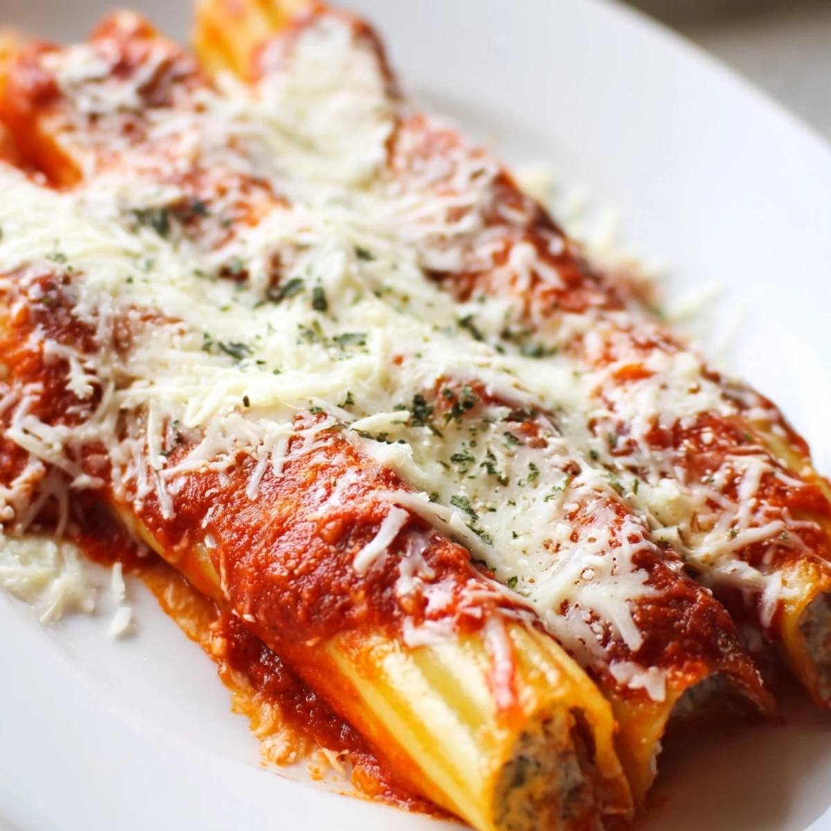 Golden baked cheesy stuffed manicotti noodles swimming in rich homemade meat sauce with melted mozzarella topping