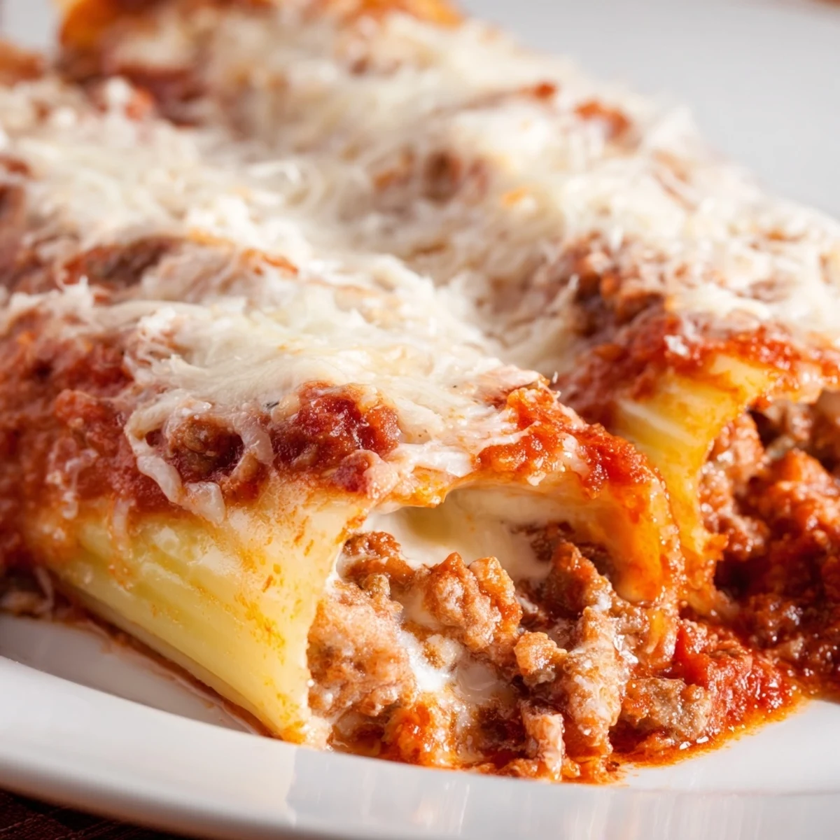 Italian-style manicotti pipes oozing ricotta filling and smothered in bubbling meaty tomato sauce with grated Parmesan