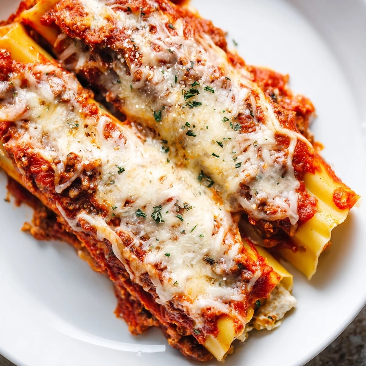 Tender pasta tubes filled with creamy three-cheese mixture beneath a hearty seasoned tomato beef sauce