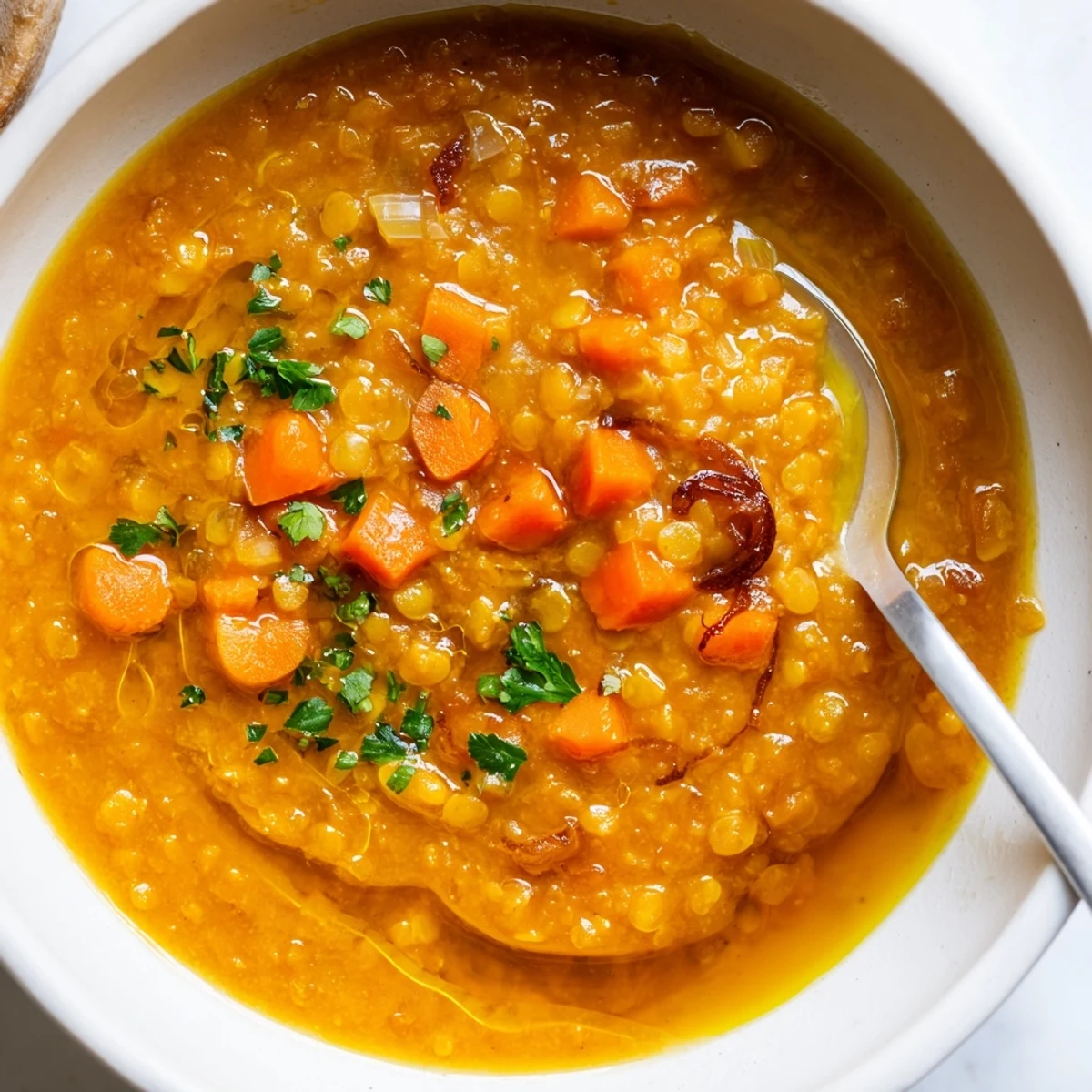 Bowl of caramelized onion red lentil soup garnished with fresh parsley and lemon