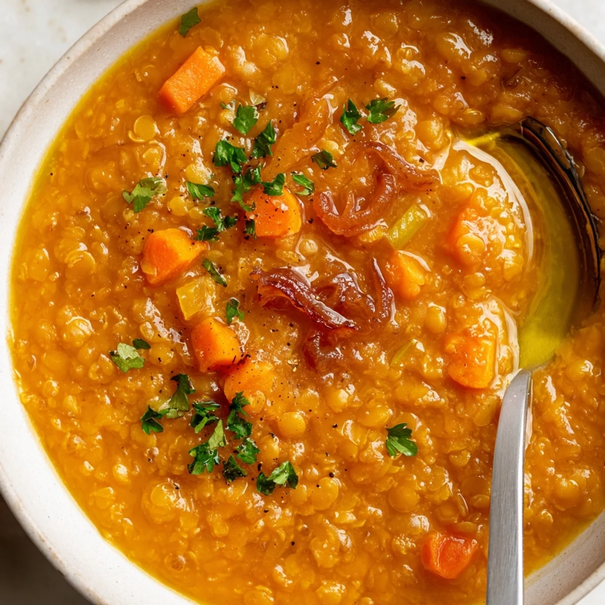 Creamy caramelized onion red lentil soup served with crusty bread for dipping