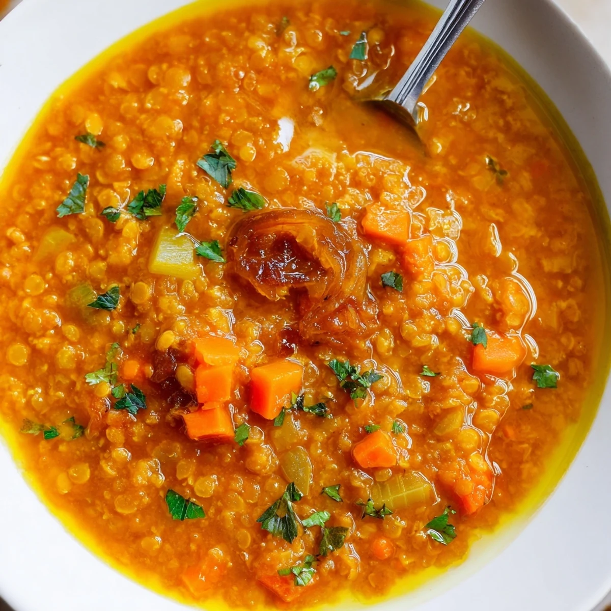 Golden caramelized onion red lentil soup in a white bowl with green parsley sprinkle