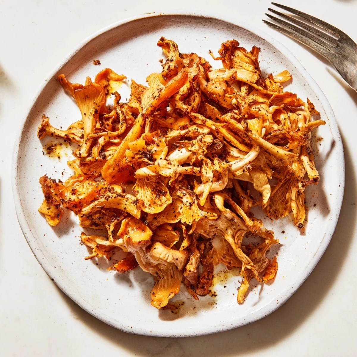 Golden brown shredded vegan carnitas with mushrooms piled high on warm corn tortillas