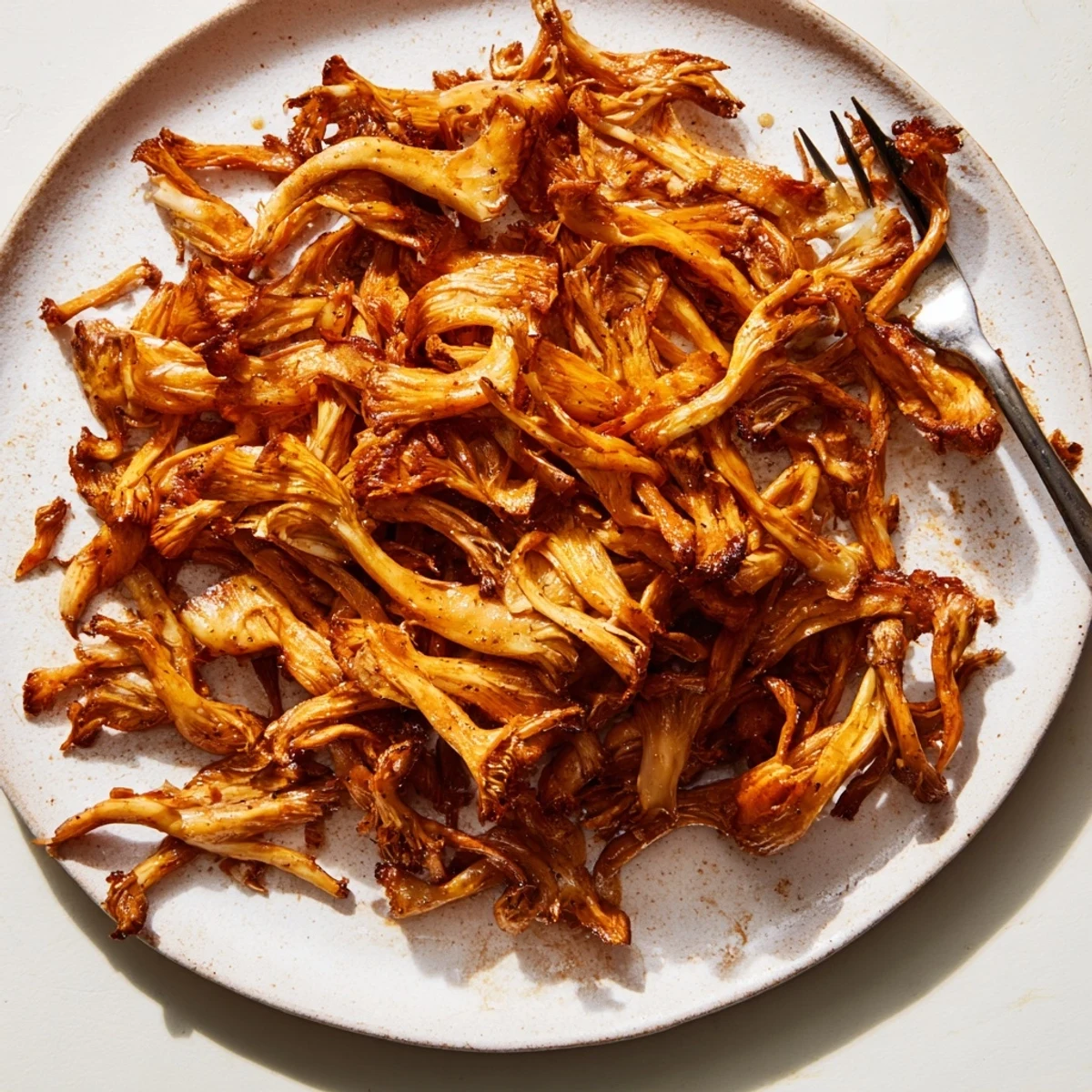 Crispy oven-baked vegan carnitas featuring seasoned mushrooms with lime wedges and avocado slices