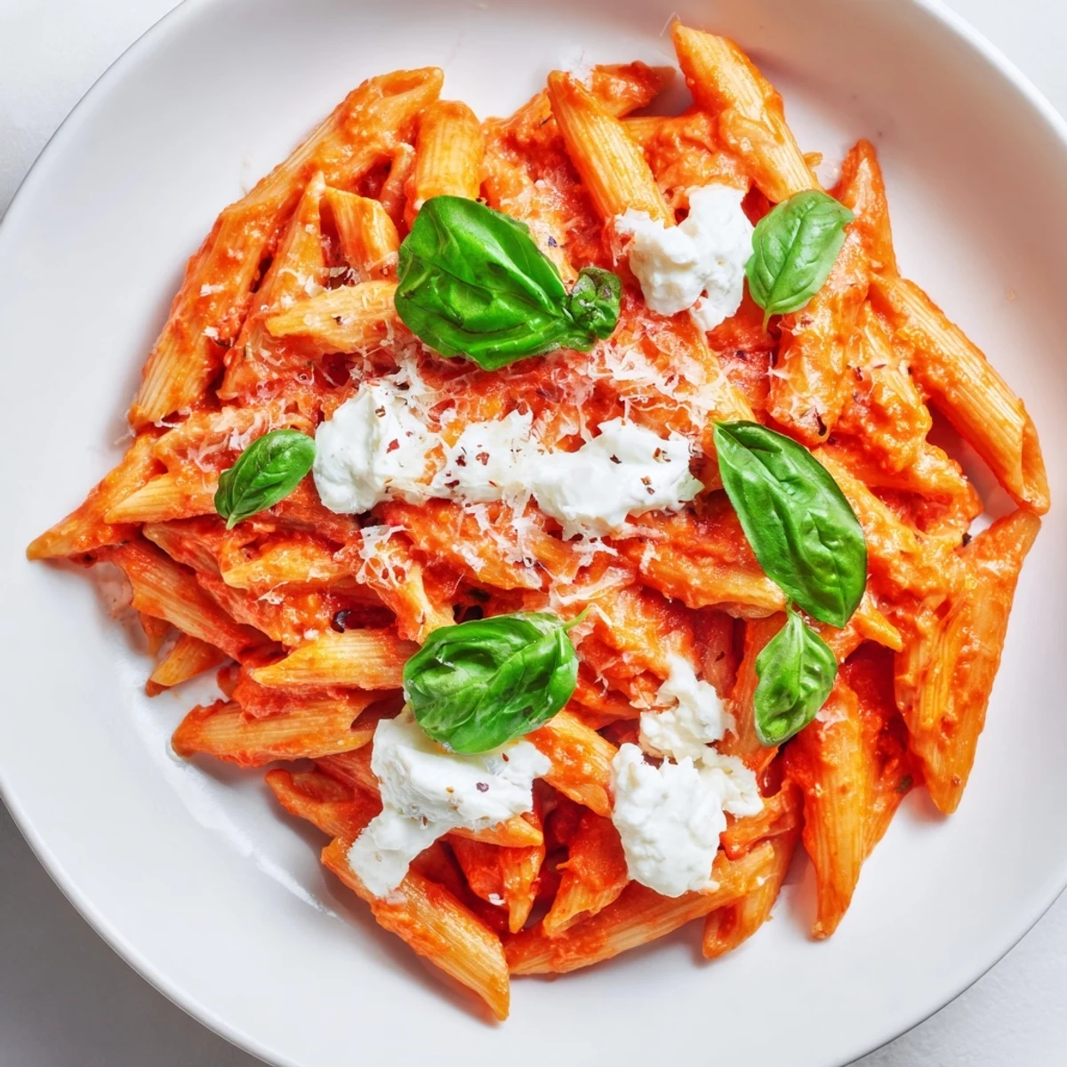 Creamy Tomato Garlic Ricotta Penne topped with fresh basil and Parmesan cheese
