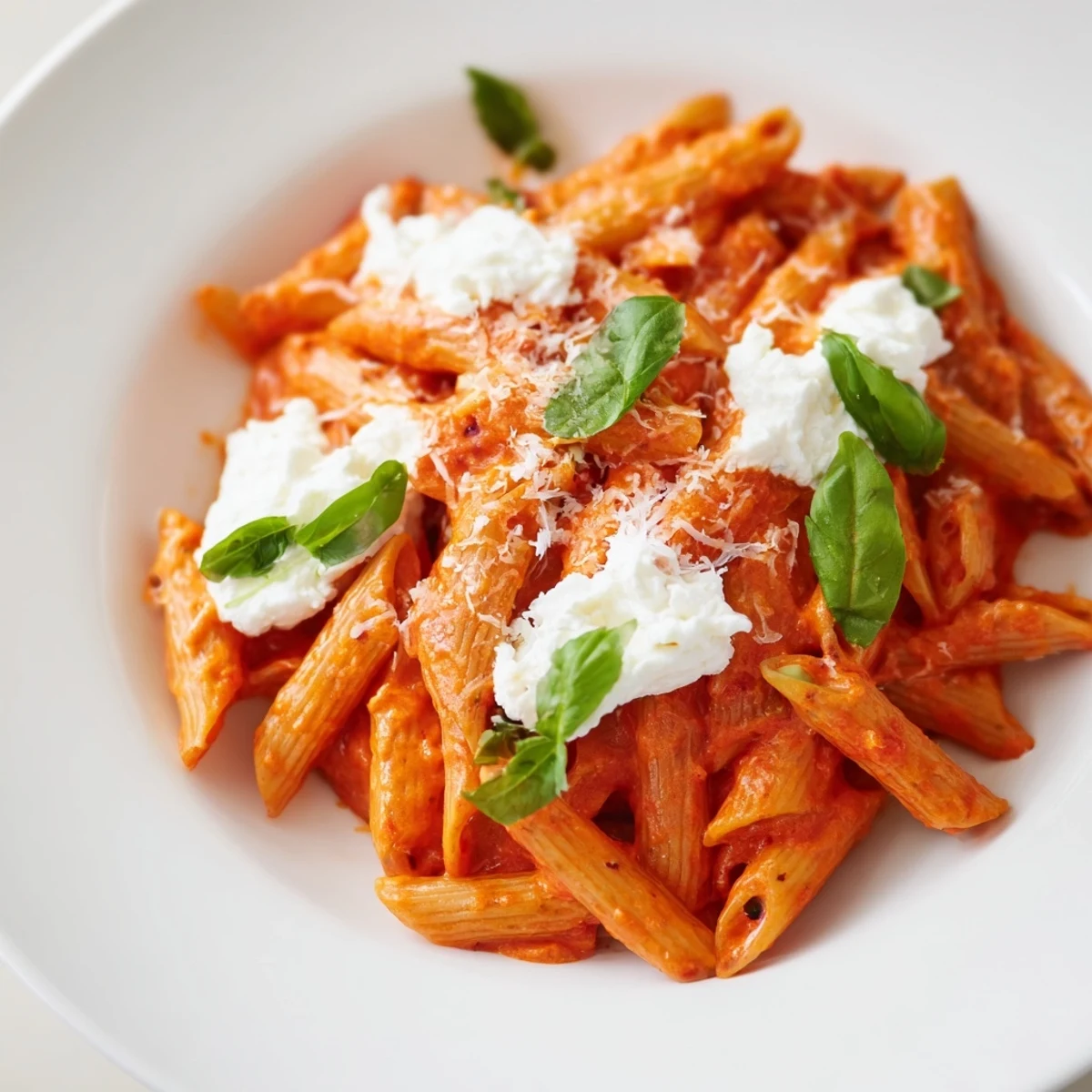 Tomato Garlic Ricotta Penne in vibrant red sauce with pillowy cheese dollops