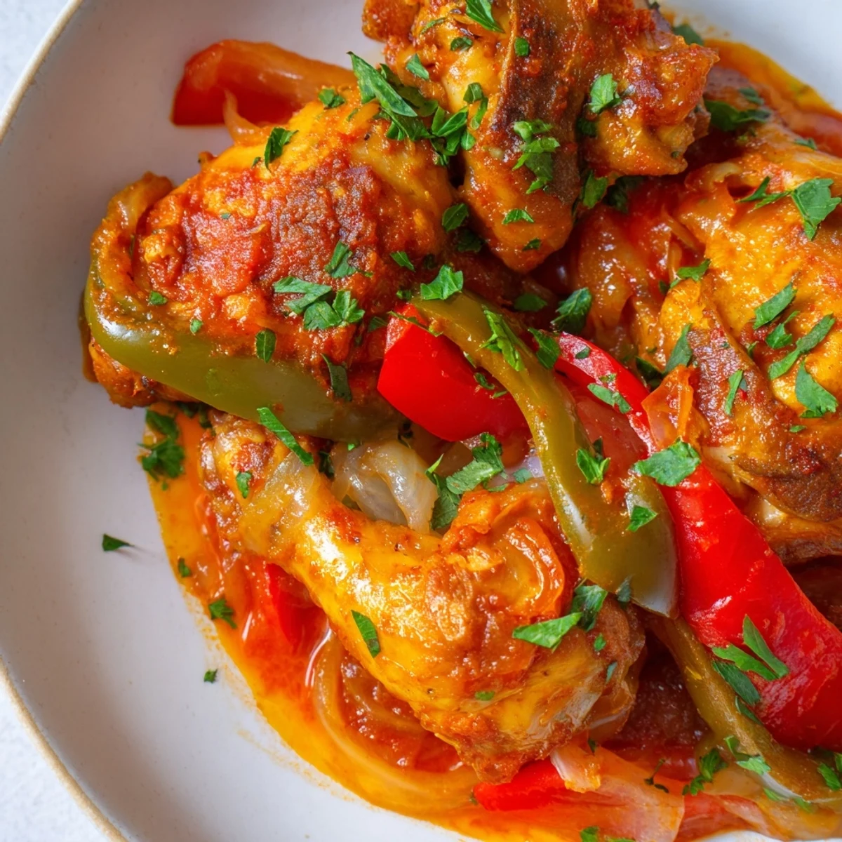 Senegalese chicken simmered in rich tomato sauce with colorful peppers and aromatic spices