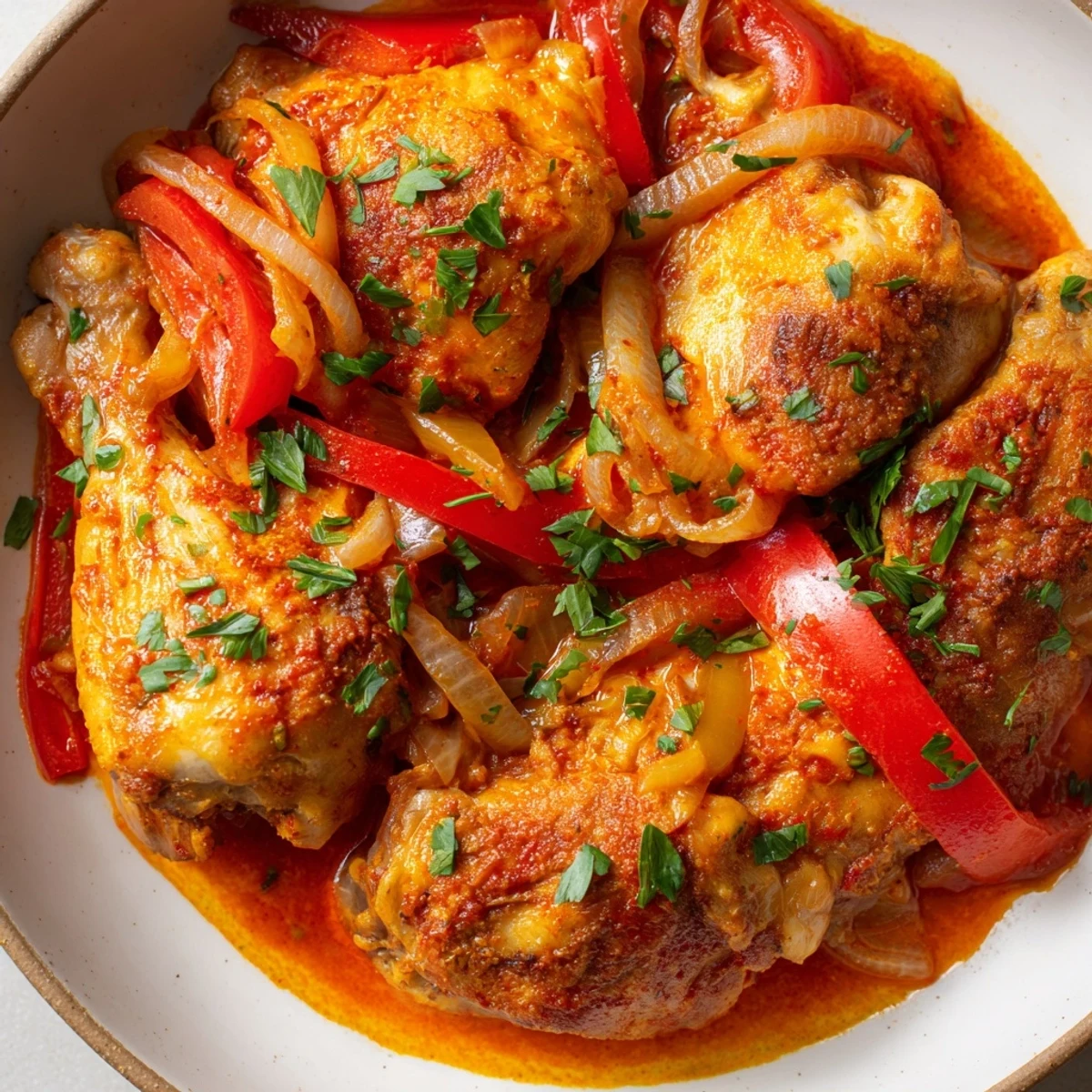 Golden brown Senegalese chicken pieces nestled in thick, savory onion and pepper stew