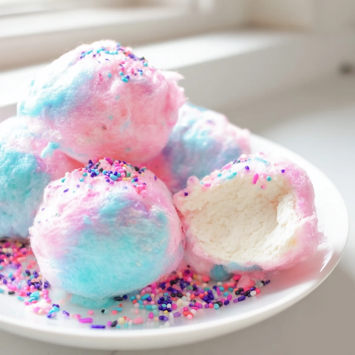 Creamy mini cotton candy cheesecake puff balls topped with colorful rainbow sprinkles