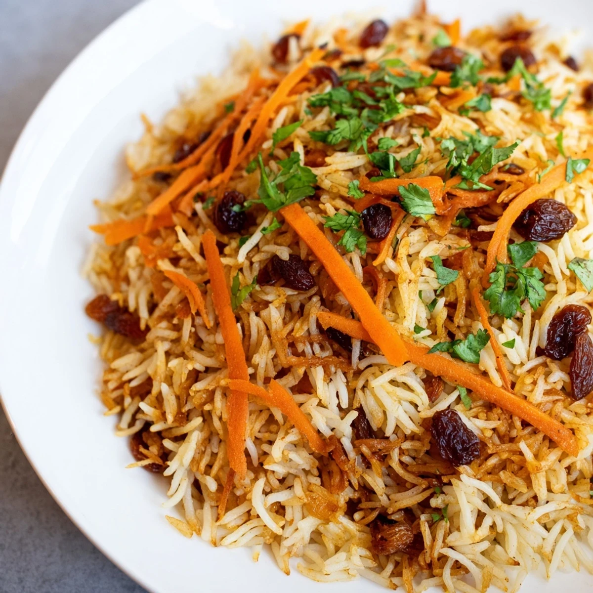 Golden Afghan rice studded with sweet raisins and caramelized carrots on a white platter