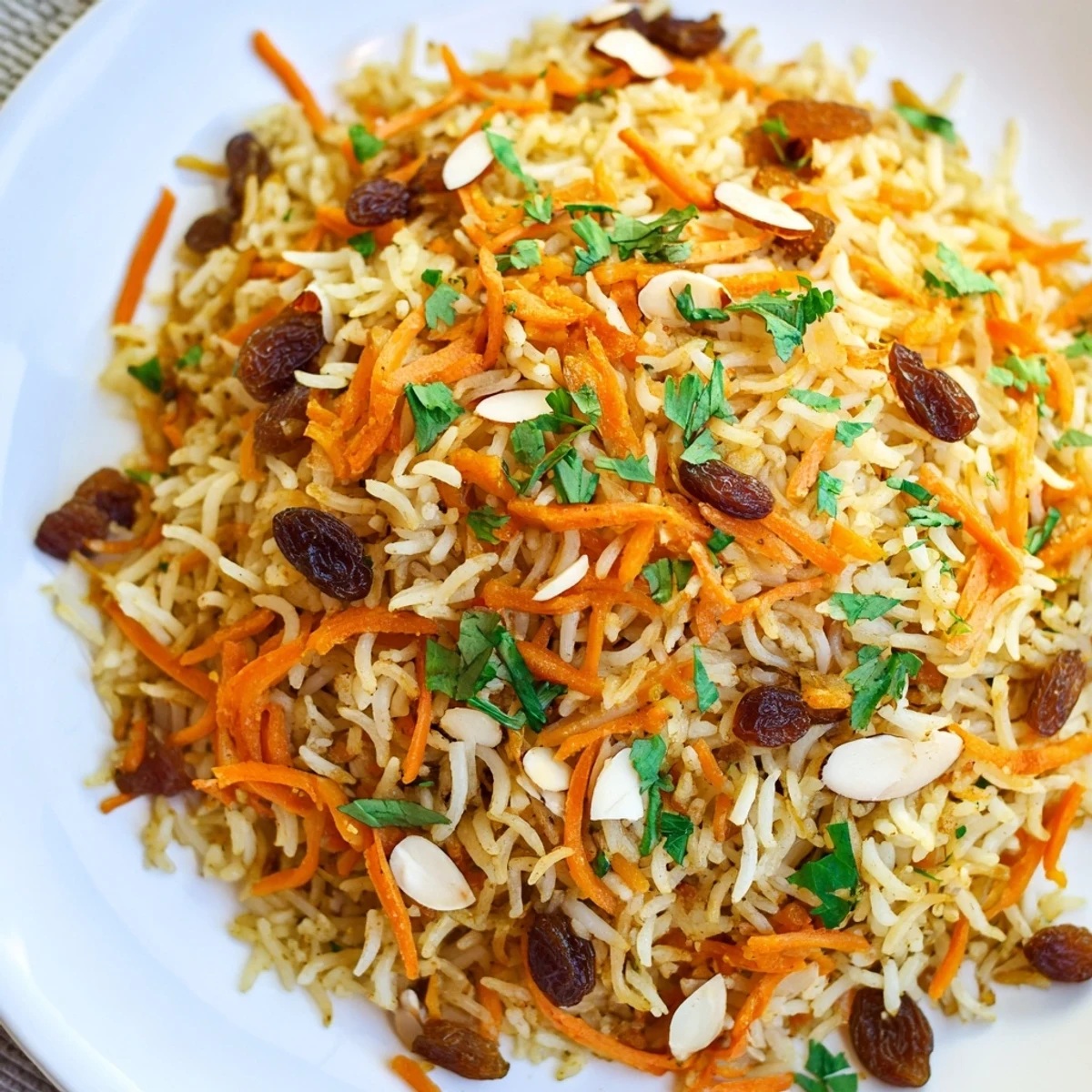 Fragrant Afghan rice pilaf topped with toasted almonds and fresh green herbs