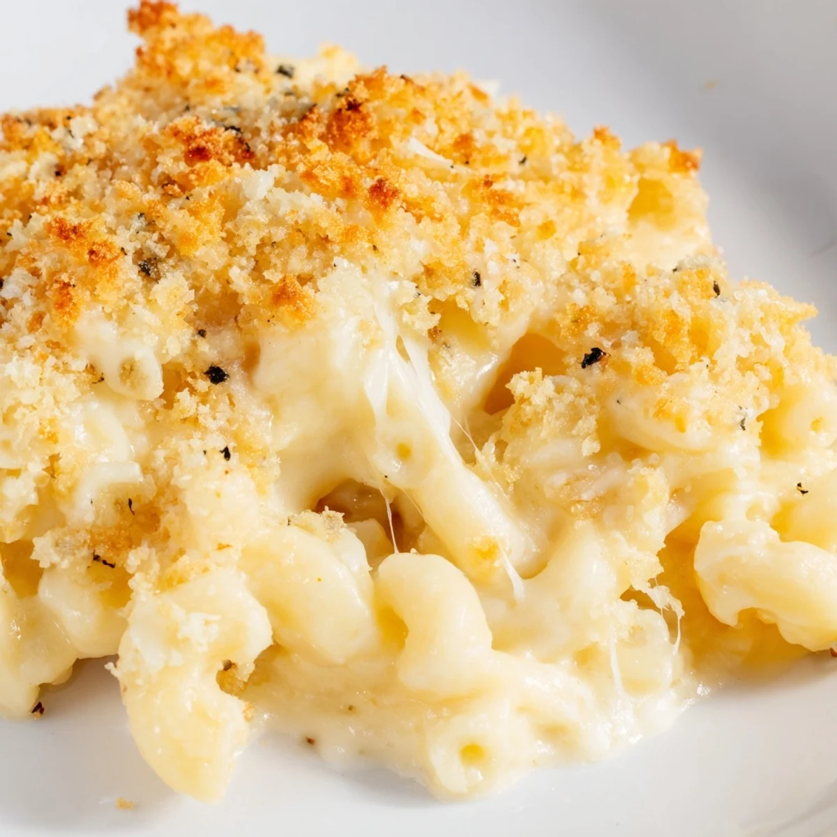 Golden bubbling three cheese baked macaroni with crispy panko topping straight from the oven