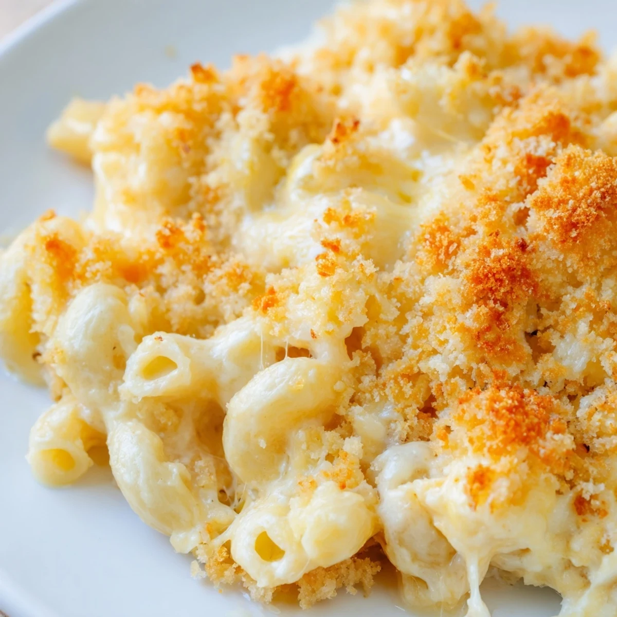 Creamy three cheese baked macaroni served in a white dish with melted cheese stretching