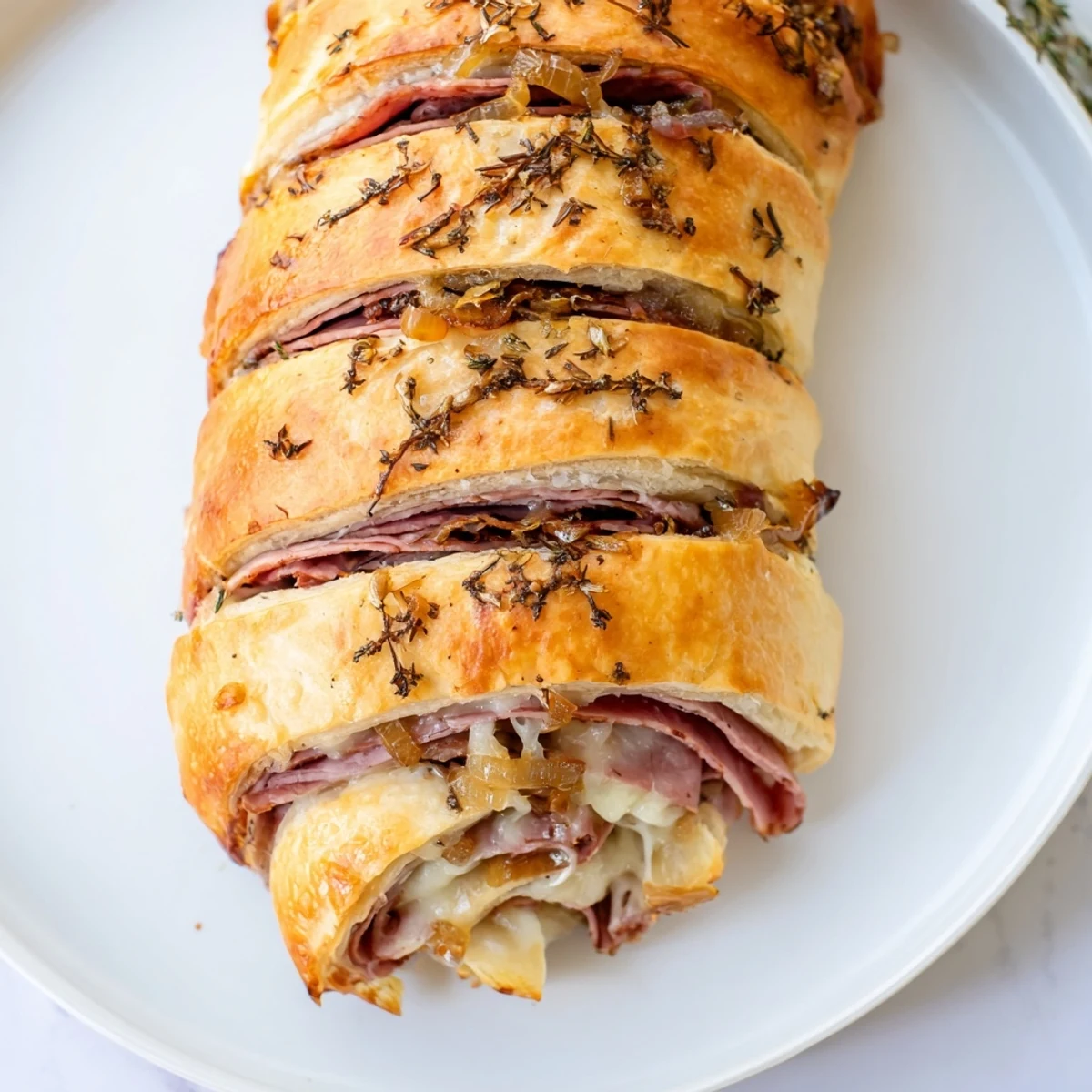 Crescent roll wrapped Beef and Cheese French Dip Roll Ups oozing melted provolone cheese ready for dipping