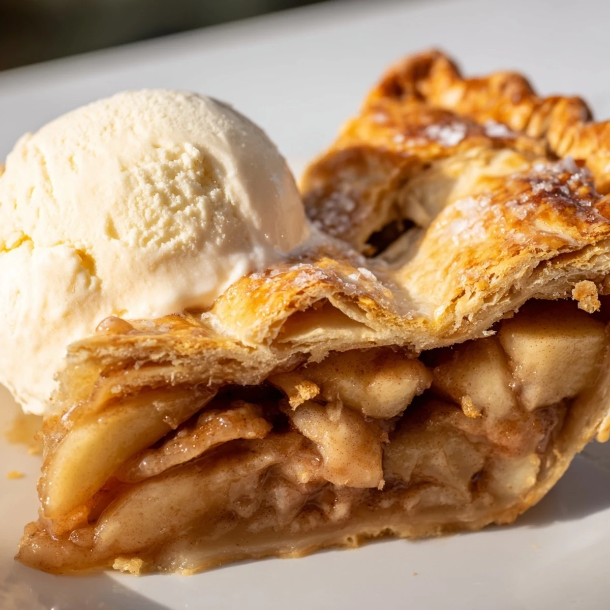 Classic apple pie slice served warm with melting vanilla ice cream topping