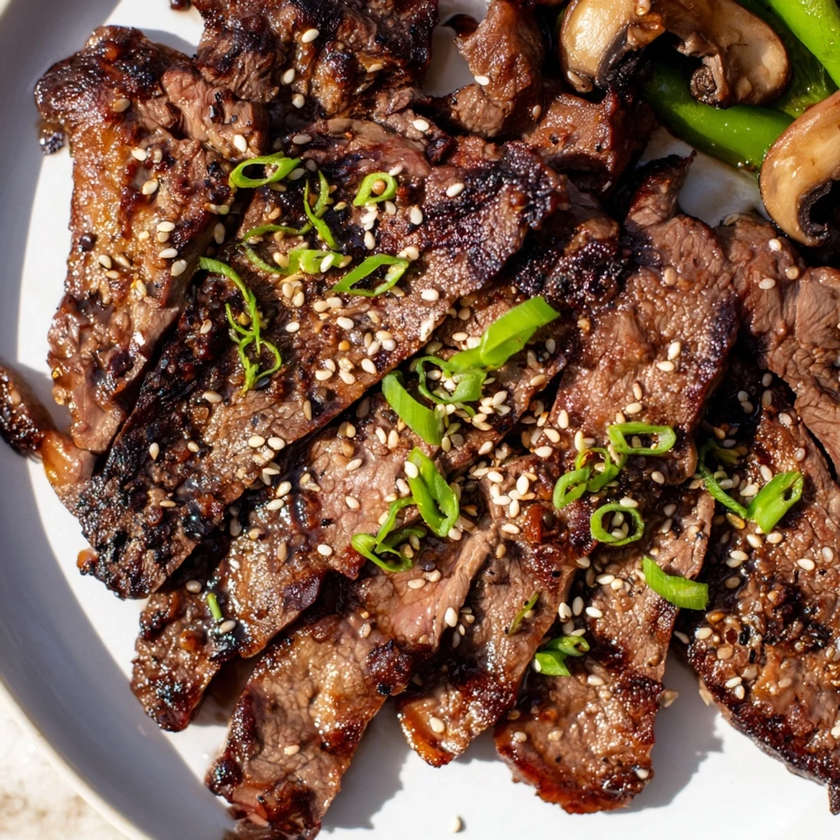 Beef Yakiniku sizzling on a grill pan with charred vegetables and steaming white rice