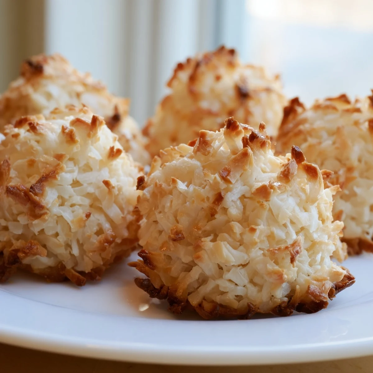 Golden chewy coconut macaroons with crispy edges fresh from the oven on parchment paper
