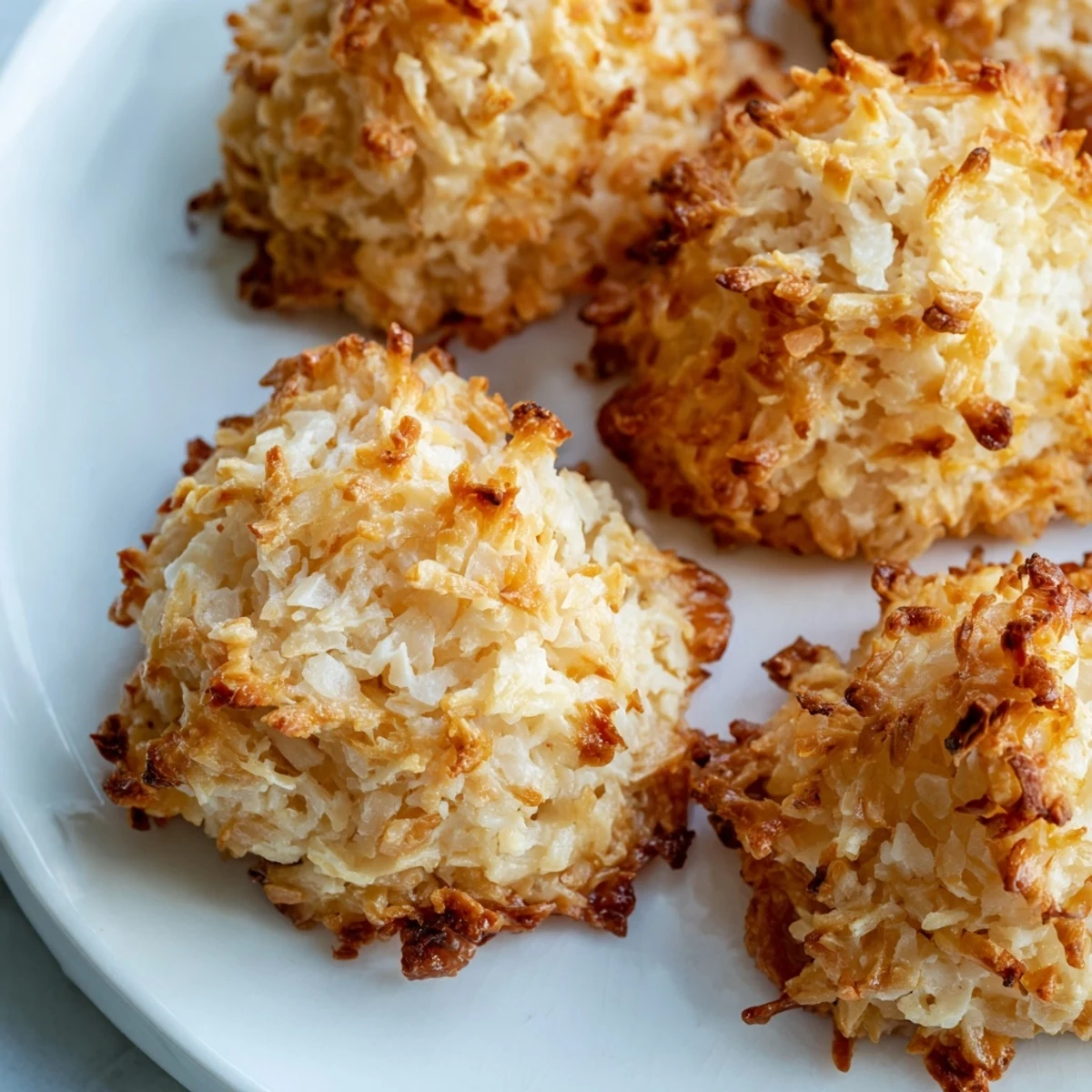 Chewy coconut macaroons drizzled with melted chocolate arranged on a white serving plate