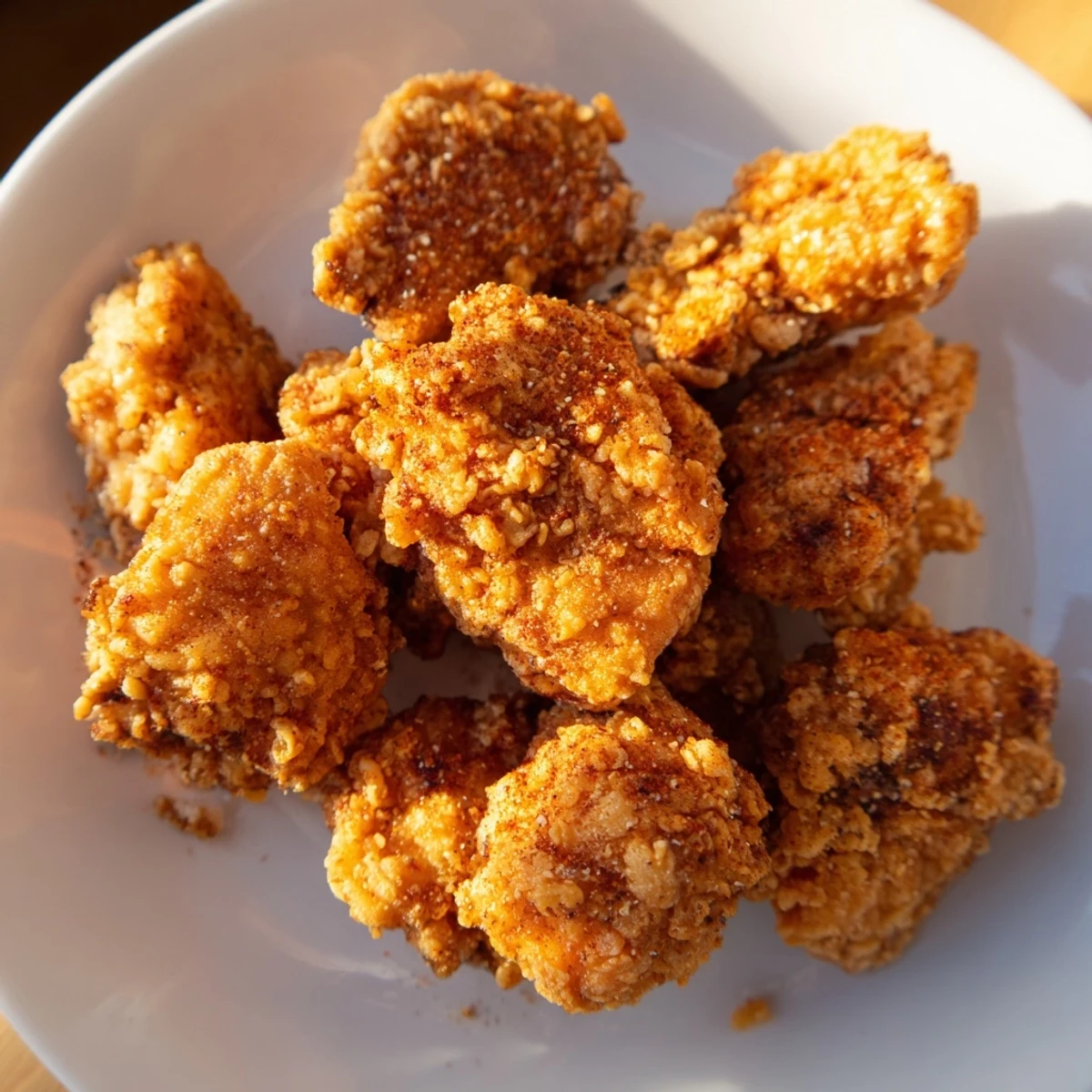 Golden crispy fried chicken pieces on a wire rack with steam rising from the crunchy coating
