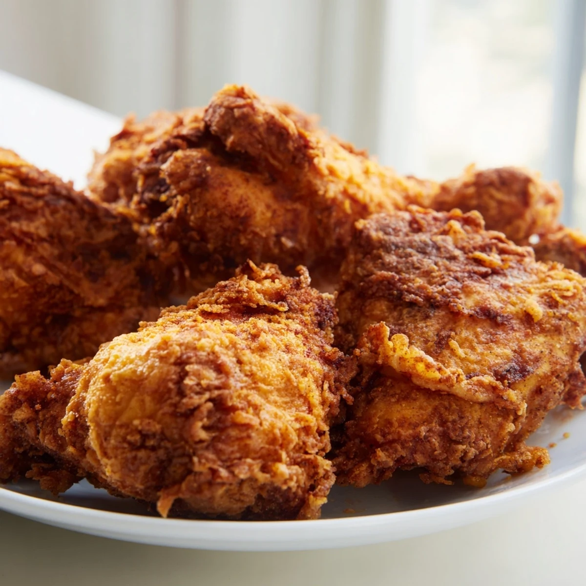 Crispy fried chicken served on a white plate with creamy mashed potatoes and coleslaw