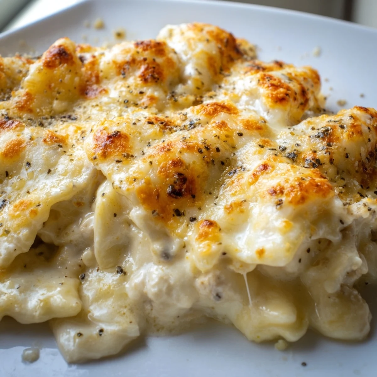 Golden bubbly chicken Alfredo baked ravioli casserole with melted mozzarella cheese on top